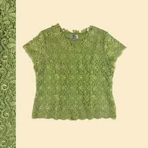 Vintage 70s/80s green lace blouse, size 42 Five Cherry short sleeve women's top